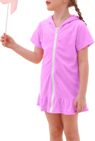 Swim Cover Up Girls Multicolor Short Sleeve Ruffle Bathing Suit Hooded Zip-Up Terry Swimsuit for Toddler Kids in Saudi Arabia