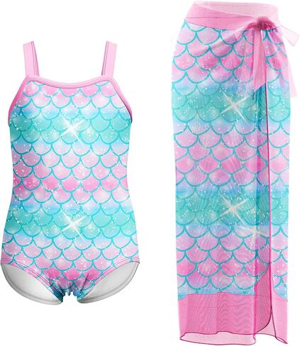 LQSZ Girls One Piece Swimsuit with Cover Up Beach Skirt Set Two Piece Bathing Suit Swimwear 3-12 Years in Kuwait
