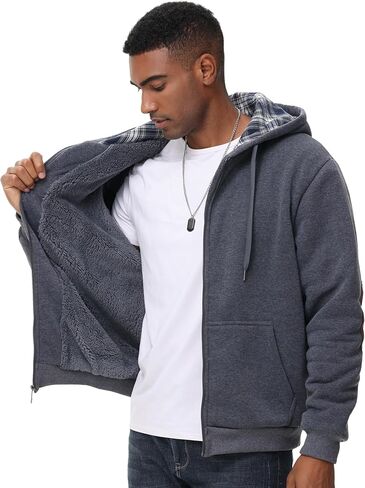 ZITY Mens Flannel Plaid Lined Hoodies Zip Up Heavyweight Sweatshirt Winter Warm Thick Coat in Kuwait