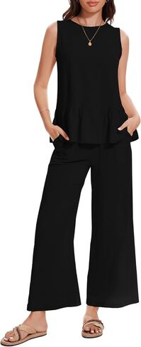 Kisswow Womens Linen Jumpsuits 2 Piece Outfits Summer Sleeveless Tops Matching Wide Leg Pants Woman in Saudi Arabia