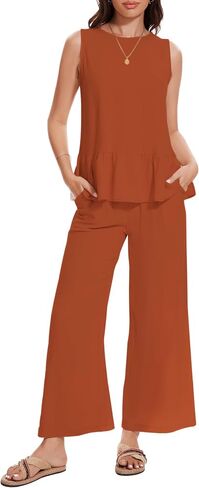 Kisswow Womens Linen Jumpsuits 2 Piece Outfits Summer Sleeveless Tops Matching Wide Leg Pants Woman in Saudi Arabia