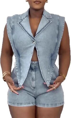 Famnbro Womens Denim Romper Y2k Sleeveless V Neck Lapel Blazers Vest Work Business Short Jeans Jumpsuits in Kuwait