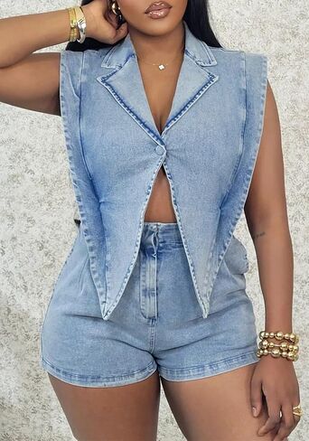 Famnbro Womens Denim Romper Y2k Sleeveless V Neck Lapel Blazers Vest Work Business Short Jeans Jumpsuits in Kuwait