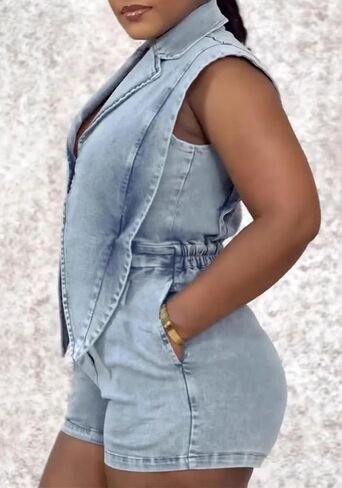 Famnbro Womens Denim Romper Y2k Sleeveless V Neck Lapel Blazers Vest Work Business Short Jeans Jumpsuits in Kuwait