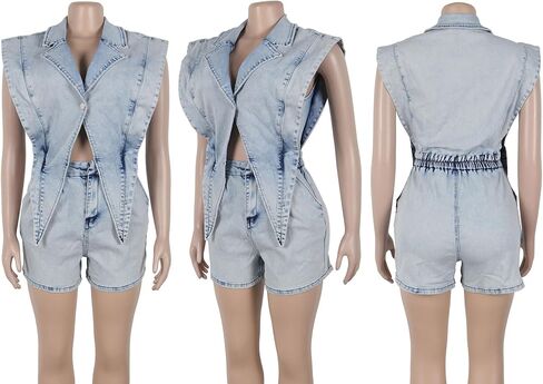 Famnbro Womens Denim Romper Y2k Sleeveless V Neck Lapel Blazers Vest Work Business Short Jeans Jumpsuits in Kuwait