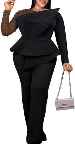 ONTINVA Women's Mesh Patchwork Bead Irregular Long Sleeve Peplum High Waist Jumpsuits in Saudi Arabia