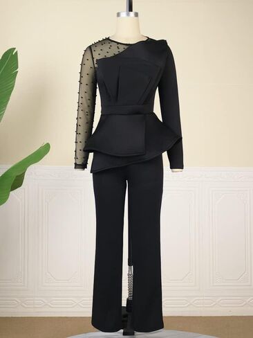 ONTINVA Women's Mesh Patchwork Bead Irregular Long Sleeve Peplum High Waist Jumpsuits in Saudi Arabia