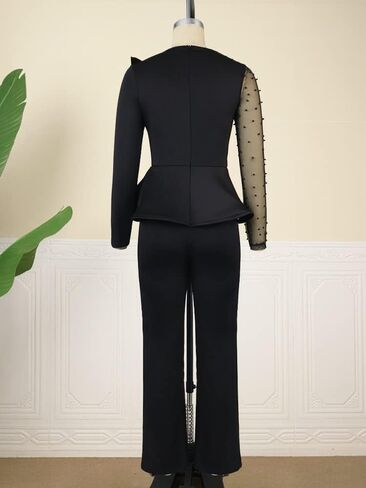 ONTINVA Women's Mesh Patchwork Bead Irregular Long Sleeve Peplum High Waist Jumpsuits in Saudi Arabia
