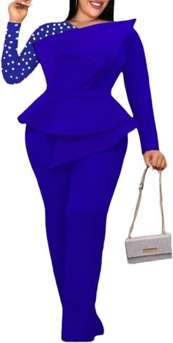 ONTINVA Women's Mesh Patchwork Bead Irregular Long Sleeve Peplum High Waist Jumpsuits in Saudi Arabia