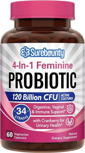 Probiotics for Women, 120 Billion CFU 34 Strains, Prebiotics + Digestive Enzymes + Cranberry, 4-in-1 Feminine Probiotic, Digestive & Vaginal Support, 30ct in Kuwait