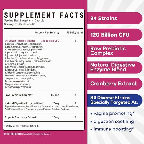 Probiotics for Women, 120 Billion CFU 34 Strains, Prebiotics + Digestive Enzymes + Cranberry, 4-in-1 Feminine Probiotic, Digestive & Vaginal Support, 30ct in Kuwait