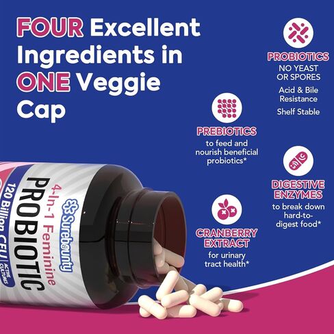 Probiotics for Women, 120 Billion CFU 34 Strains, Prebiotics + Digestive Enzymes + Cranberry, 4-in-1 Feminine Probiotic, Digestive & Vaginal Support, 30ct in Kuwait
