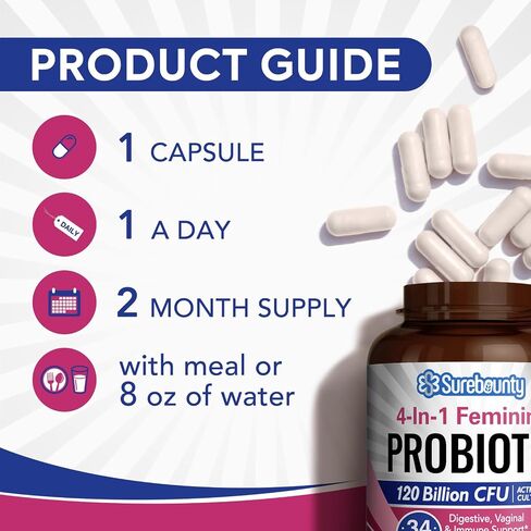 Probiotics for Women, 120 Billion CFU 34 Strains, Prebiotics + Digestive Enzymes + Cranberry, 4-in-1 Feminine Probiotic, Digestive & Vaginal Support, 30ct in Kuwait
