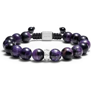 Hawk's Eye Charoite Beaded Bracelet for Men Sterling Silver Charm Adjustable Braided Protection Bracelet (10mm) Natural Gemstones Gift for Men, 6.1''-7.5''