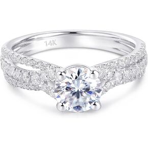 14K White Gold Moissanite Engagement Rings, 14K Solid Gold 1 Carat Round Cut Moissanite Rings, Women's Engagement Rings