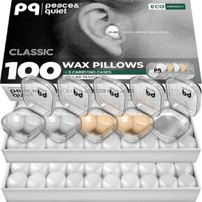السلام والهدوء | PQ 100 Wax Ear Plugs للنوم - سدادات أذن الشمع من السيليكون للنوم والسباحة ، ومقابس أذن هلام لإلغاء الضوضاء ، وسدادات الأذن للنوم ، وحظر الصوت 32 ديسيبل (100 وسادة) ، أبيض