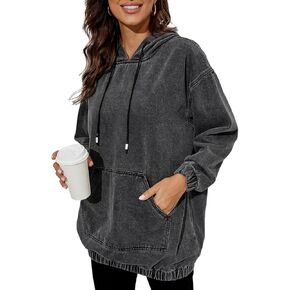 Women's Denim Hoodie Long Sleeve Pullover Sweatshirt Jean Jacket with Pocket