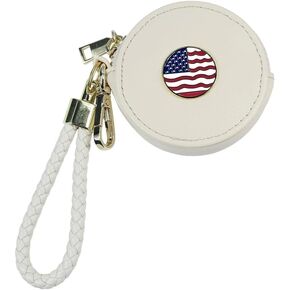 Beige PU Leather Coin Purse with Woven Strap, Metal Enamel Mark, Golden Clasp and Zipper Accessory, Small Change Pouch Wallet,Coin Organizer, Change Holder for Women（American Flag Charm)