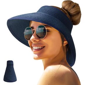 Sun Hats for Women Straw Roll-Up Beach Wide Brim Visor UV UPF Packable Foldable Travel Hat