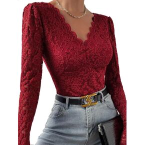 SHEKINI Women Long Sleeve Bodysuit V Neck Shapewear Lace Body Suits One Piece Leotard Shirt Going Out Tops Outfits