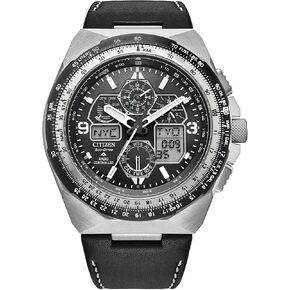 مواطن الرجال البارزان للرجال Skyhawk A-T Watch ، الاتصال الهاتفي الأسود ، حزام جلدي أسود ، حفظ الوقت الذري (النموذج: JY8149-05E)