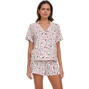 Womens Pamaja Sets - 2 Piece Peanuts Snoopy Shorts Sleeve Button Down Top and Pajama Shorts Set for Women (S-XL)