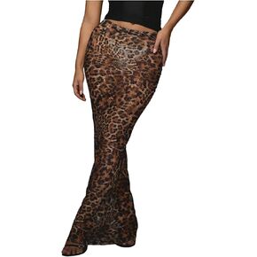 GORGLITTER Women's Leopard Maxi Skirt Mesh See Through Low Waist Y2K Bodycon Skirts