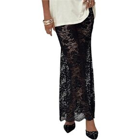 Makemechic النسائية الدانتيل الزهرية شفافة Maxi التنورة bodycon الحفل الطويل