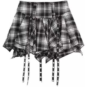 Womens Plaid Skirt Y2k Gothic Clothes High Waisted Irregular Ribbon Puffy Steampunk Mini Skorts