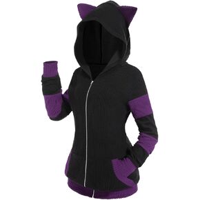 ROSE GAL Rosegal Women Plus Size Cat Ear Ribbed Colorblock Hooded Blouson Jacket Animal Ear Two Tone Cute Hoodie