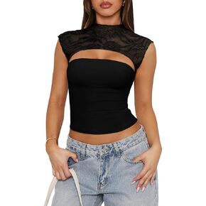 Reoria Women's Sexy Cutout Lace Flower High Diveless Slim Y2K الخروج من قمم خزان المحاصيل
