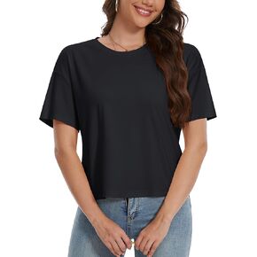 YUCOLEN Women's Crop Tops Summer Short Sleeve Cotton UPF 50+ Round Neck Casual Loose Cropped T-Shirts Solid Basic Tees in Kuwait