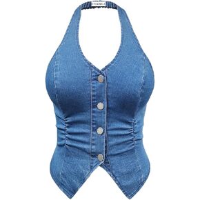 OYOANGLE Women's Plus Size Button Front Halter Denim Vest Tops Sleeveless Slit Hem Ruched Jean Tank Top