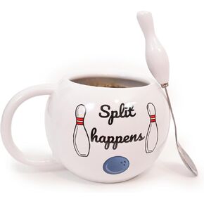 Bowling Themed Mug with A Cute Novelty Spoon with a Bowling Pin Handle, The Mug Features A Quote, “Split Happens" Great Gift for Bowlers Men & Women, Holiday, Birthday Etc.