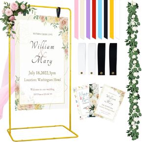 Black Easel Stand for Wedding Sign Holder Welcome Poster Stands 68"x32"x16" Welcome to Our Wedding Sign Holder Heavy Duty Hanging Signs Stand Floor Standing Easels with Design Bundle for Seating Chart