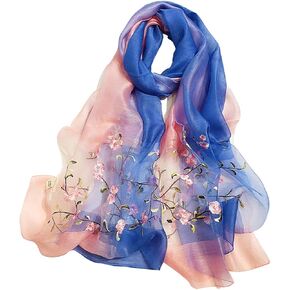 Women Silk&Wool Gradient Embroidered Scarf Headwrap Shawl