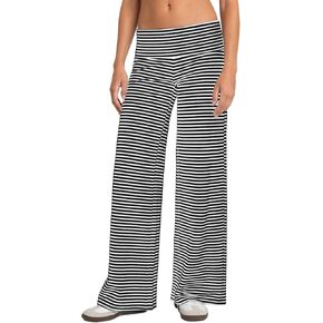 Wide Leg Striped Pants for Women Low Rise Elastic Waist Sweatpants Knit Trousers Pajama Pants