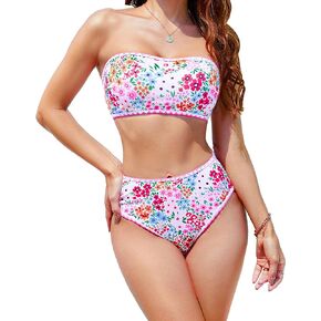 High Waisted Bikini Sets for Women Two Piece Swimsuits Floral Bathing Suits Tummy Control Bandeau Modest Swim Suits