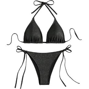 GORGLITTER Women's Sparkly String Bikini Sequin Halter Triangle Swimsuit Thong Bathing Suit