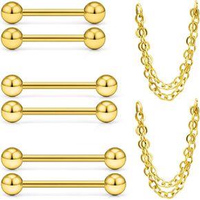 Lcolyoli Nipple Rings Surgical Steel Tongue Rings 16G 14G Straight Barbell Chain Nipple Piercing Jewelry 14mm/16mm/19mm