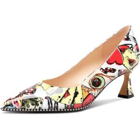 Tnynfbebb Womens Mid Hitten Heel مدببة إصبع القدم مضخات زلة من الفضة بالخرز حفلة موسيقية حزب براءة اختراع جلد 2.6 بوصة الكعب