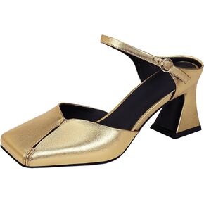 Women's Buckle Strap Square Closed Toe Slip On Block Mule Heels Comfort Dress Party Pumps