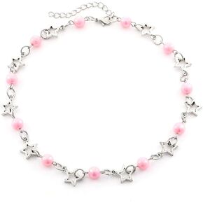 Y2k Necklace For Women,Y2k Jewelry Pink Beaded Star Cute Grunge Accessories Y2k Aesthetic Dainty Trendy Funny Chain Githic Silver Charm Y2k Jewelry For Women