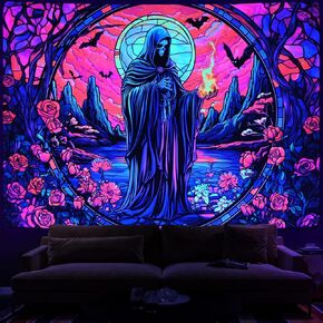 Uspring Blacklight Tapestry Hippie Gothic Tapestries Floral Wall Tapestry Wizard Skull Tapestry Wall Hanging Large UV Reactive Tapestry for Bedroom Aesthetic (Red, 51.2 x 59.1 inches)
