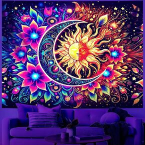 Wall Tapestry Sun and Moon Tapestry Blacklight,UV Reactive Black Light Upright Posters Wall Hanging for Bedroom Dorm Living Room Backdrop Decor (sun4, 90" x 70")