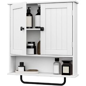 RRX Bathroom Cabinet Wall Mounted Medicine Cabinets with Towels Bar, Over The Toilet Storage Cabinet with 2 Doors and Adjustable Shelf, White Wall Cabinet for Bathroom Laundry Kitchen