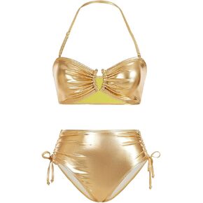MakeMeChic Women's 2 Piece Bikini Sets Metallic High Waisted Ruched Halter Tie Side Swim Bathing Suit