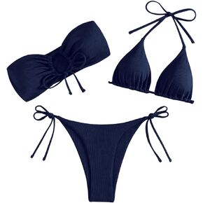GORGLITTER Women's 3 Piece Cut Out Strapless Bikini Sets Triangle String Thong High Cut Swimsuit