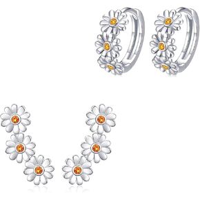 Daisy Flower Earrings 925 Sterling Silver, Hypoallergenic Huggie Earrings for Sensitive Ears Stud Earrings Jewelry Statement Gifts for Women Teen Girls