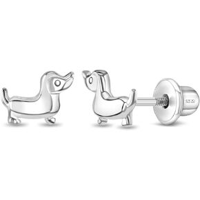925 Sterling Silver Polished Dachshunds Safety Screw Back Earrings For Toddlers and Little Girls - Children's Dog Shaped Earrings - Animal Earrings For Young Girl